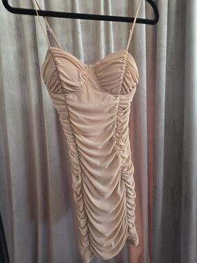 Shine Star Nude Ruched Mesh Bodycon Mini Dress Size S
